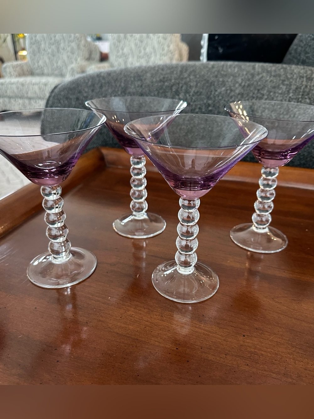 4 Purple Bubble Ball Stemmed Martini Glasses. Gibson Designs